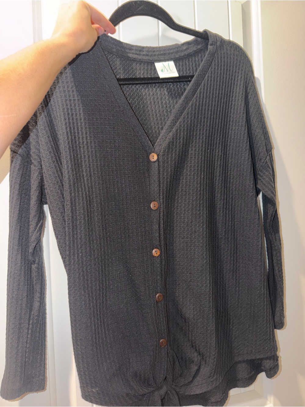Women's Black Waffle-Knit Button Front Blouse with Tie Hem